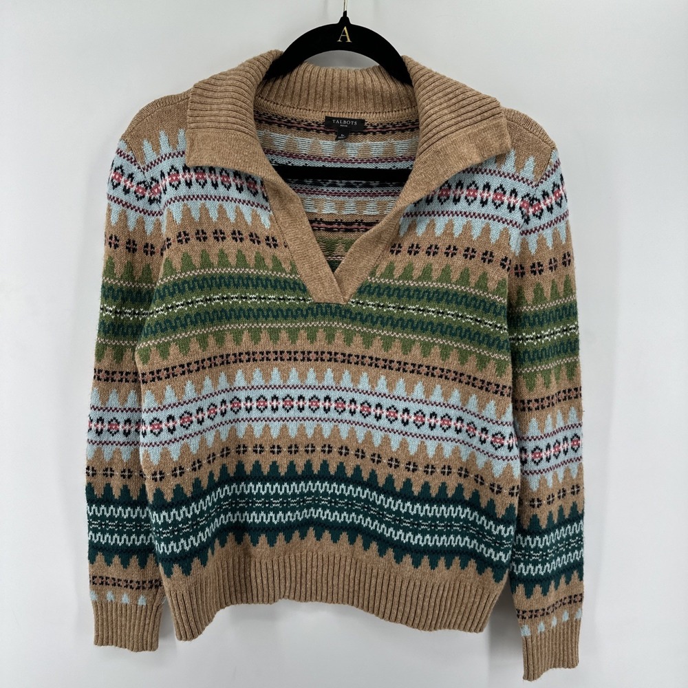 Talbots Johnny Collar Sweater - Autumn Fair Isle - size Petite Small Tan Wool